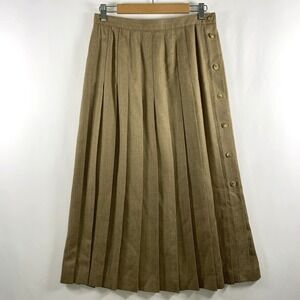 VTG Deadstock Womens Wool Blend Pleated Midi Skirt Camel Old Money Full Button
